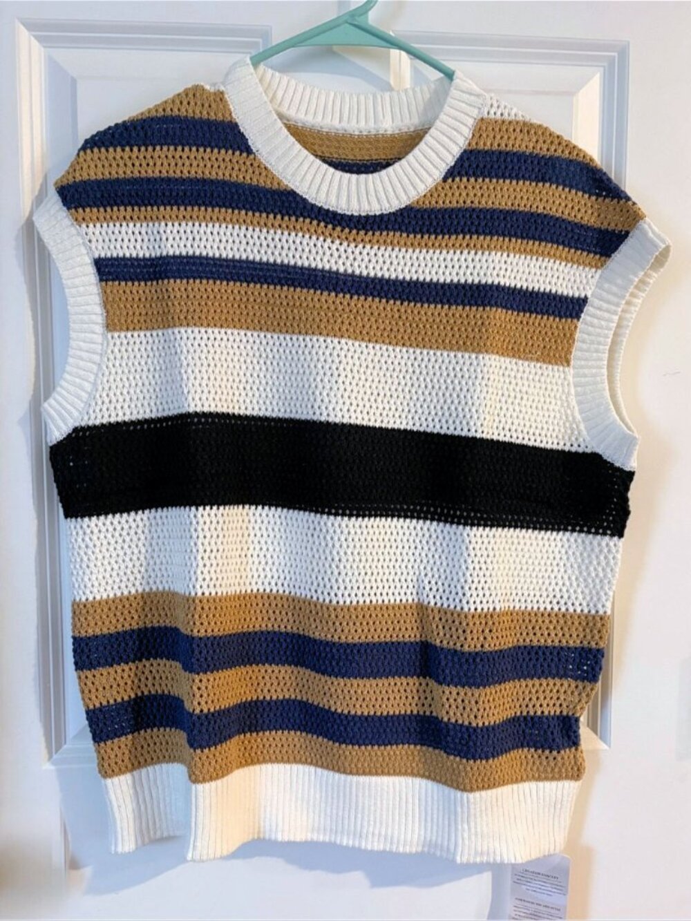Women’s Lightweight Striped Cotton Summer Crochet Sweater Top Cap Sleeves Size M